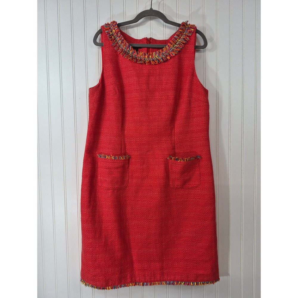 Talbots Womens Red Tweed Fringe Trim Sleeveless Shift Dress Size 14 Pockets